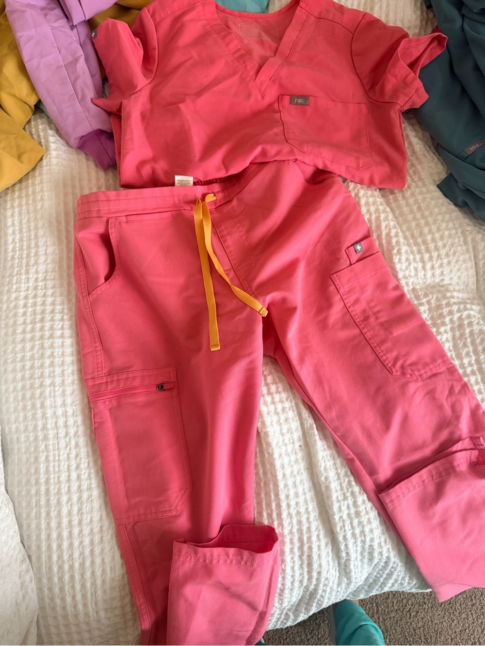 Figs Coral Pink Cargo Scrub Pants with Yellow Drawstring